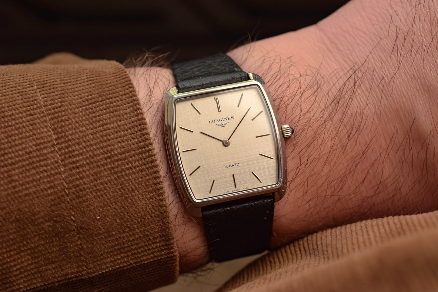 1970s Longines Steel Linen Dial Quartz Square Cushion