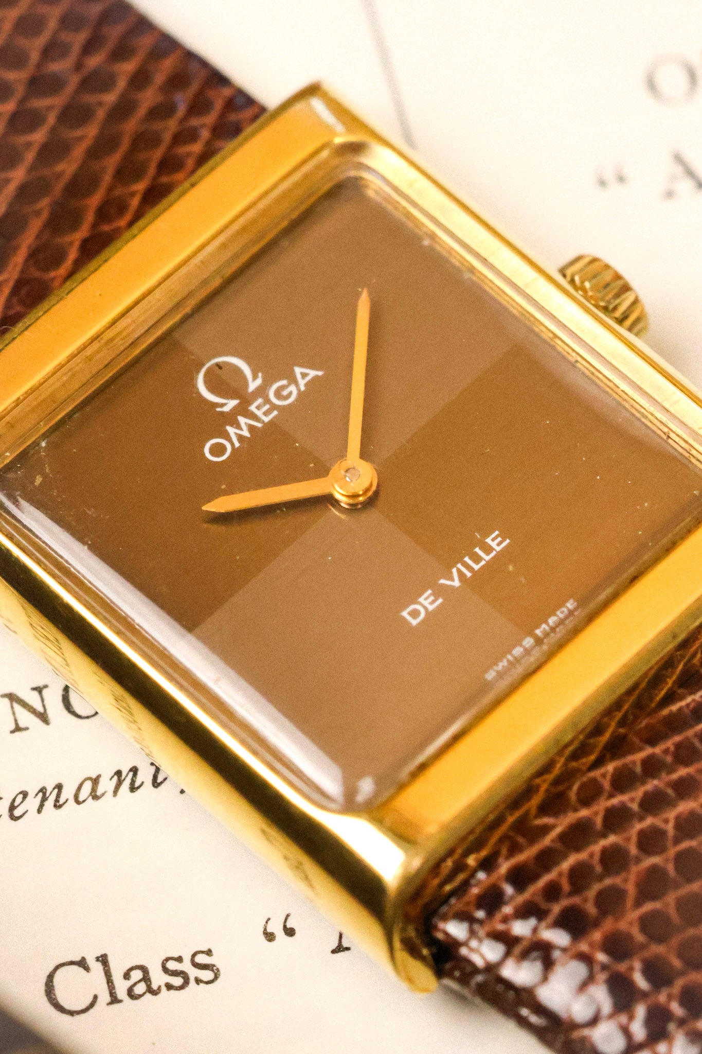 1970s Omega De Ville Gold Plated Chocolate Quadrant Tank