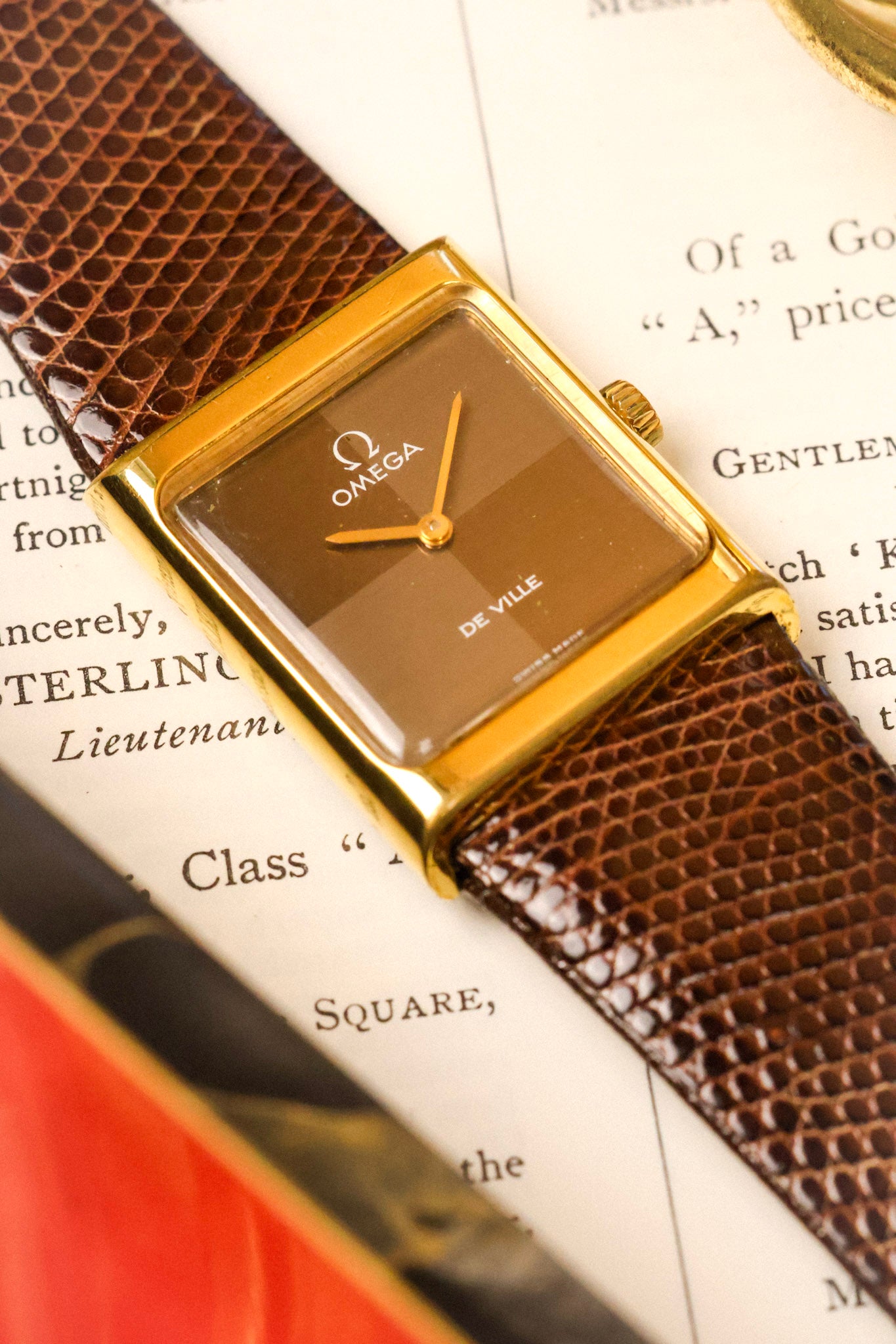 1970s Omega De Ville Gold Plated Chocolate Quadrant Tank