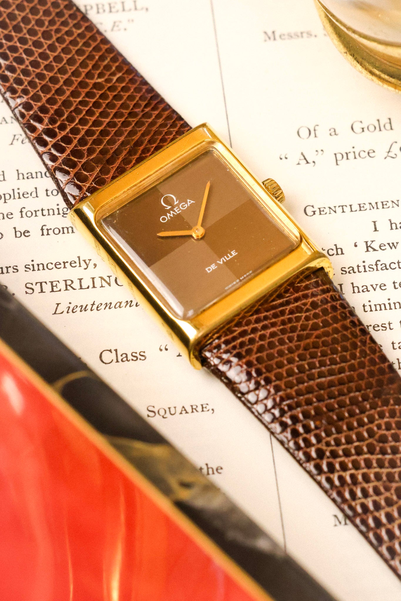 1970s Omega De Ville Gold Plated Chocolate Quadrant Tank