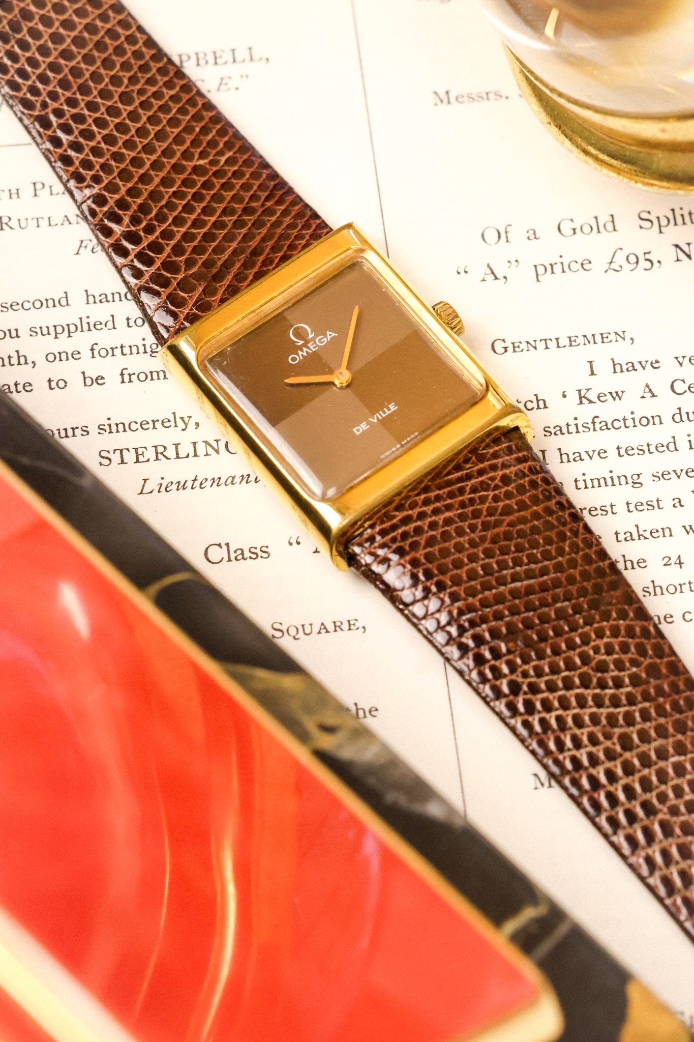 1970s Omega De Ville Gold Plated Chocolate Quadrant Tank