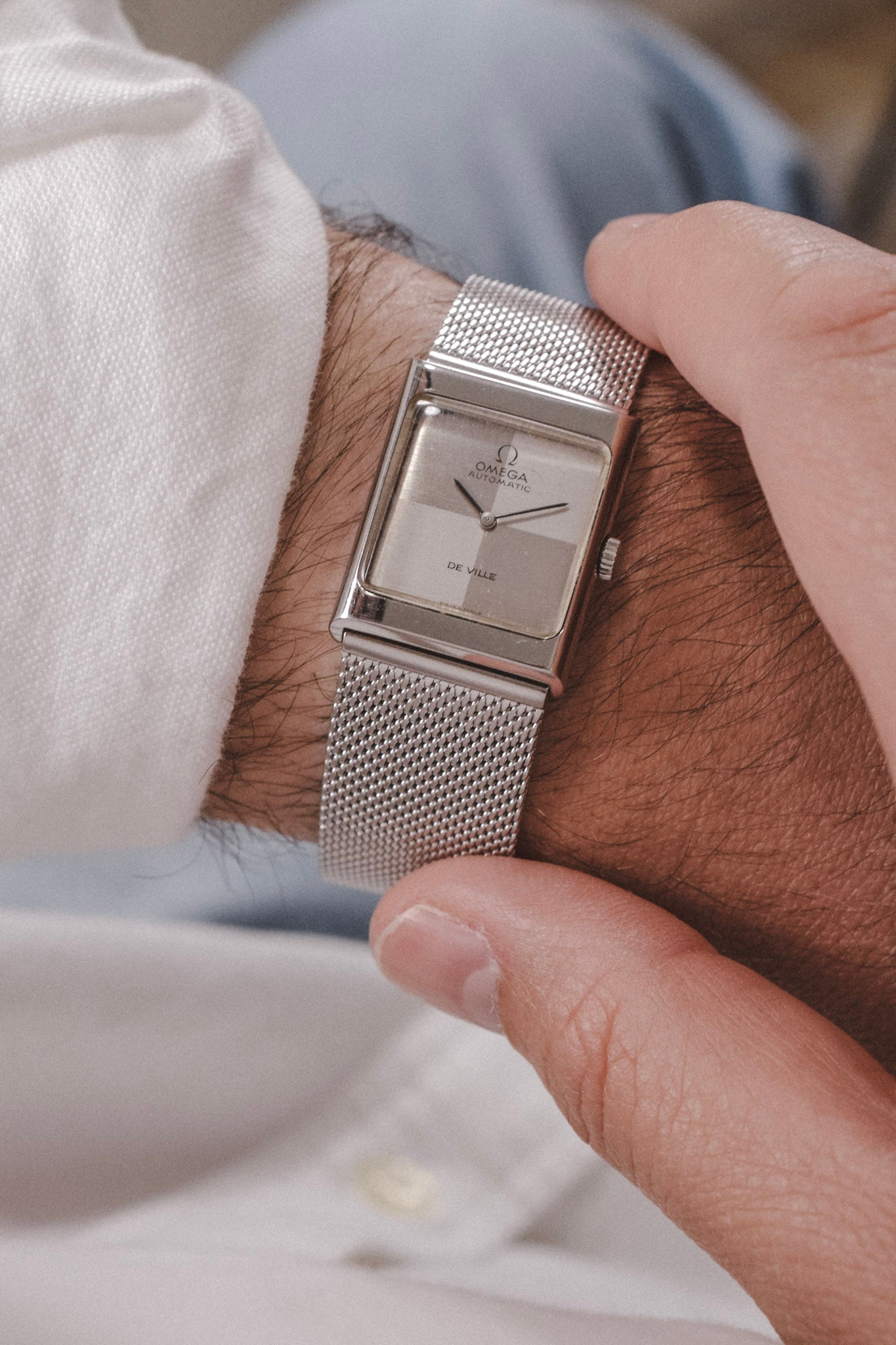 1970s Omega De Ville Steel Silver Quadrant Tank
