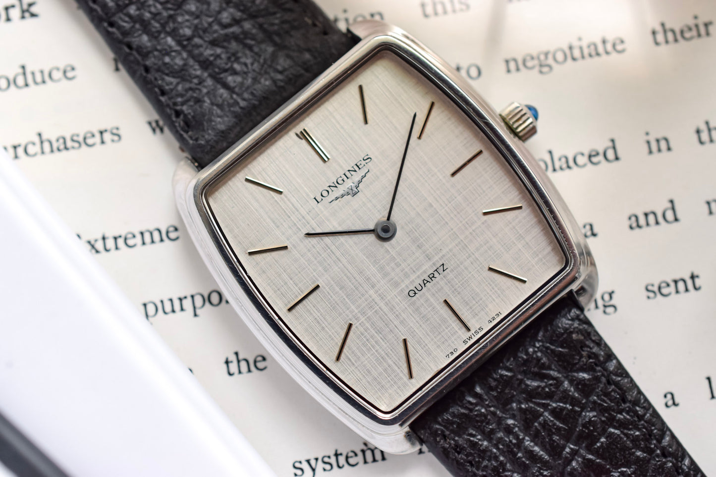 1970s Longines Steel Linen Dial Quartz Square Cushion