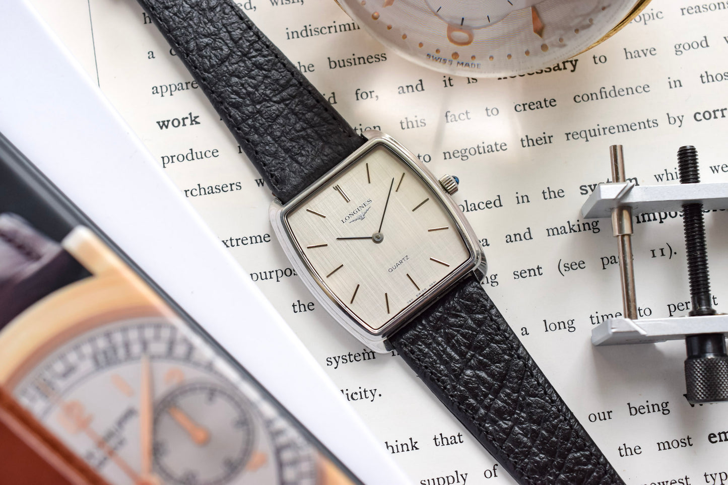 1970s Longines Steel Linen Dial Quartz Square Cushion