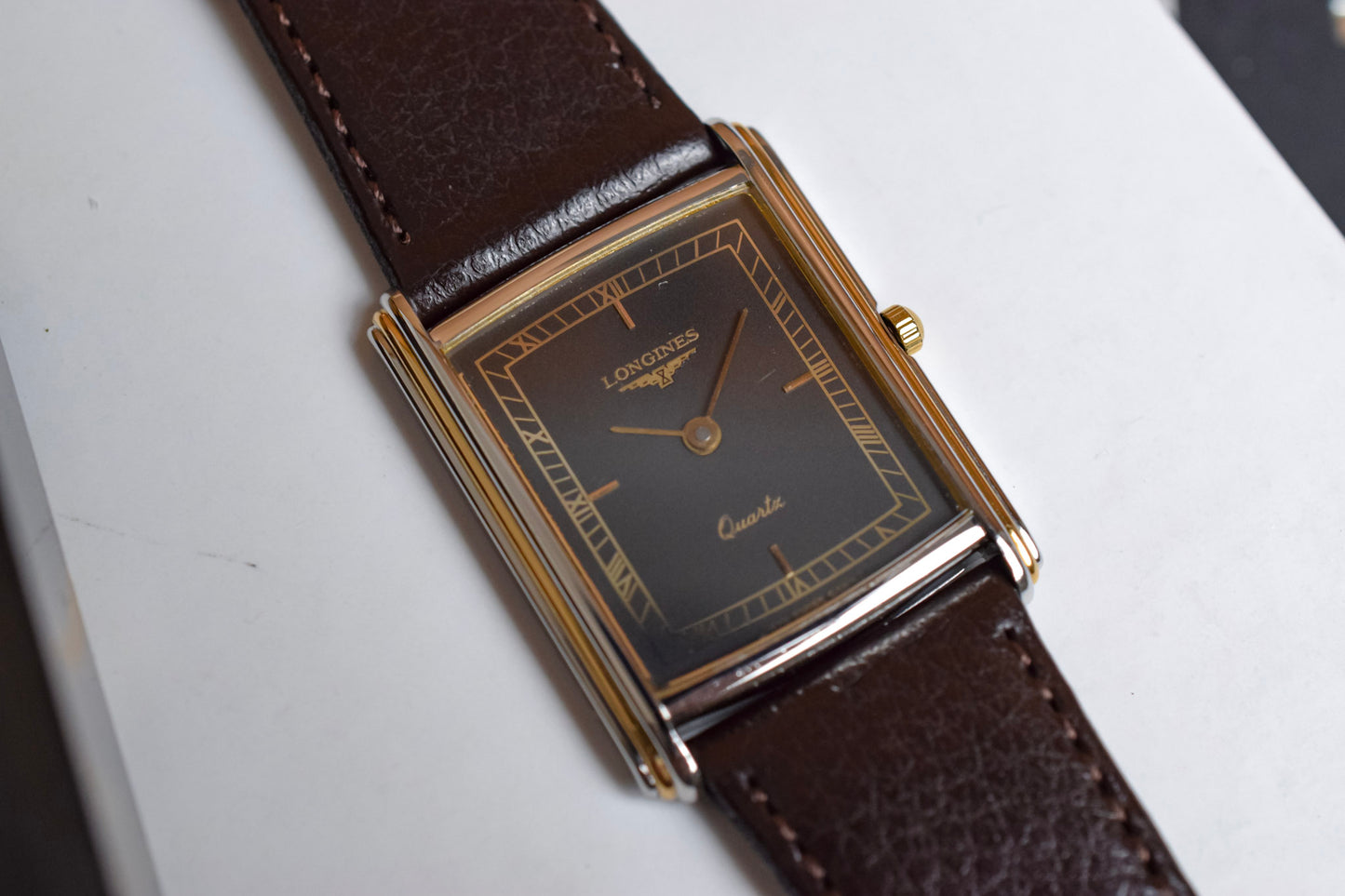 Vintage Longines Quartz Ghost Gilt Stepped Case Tank