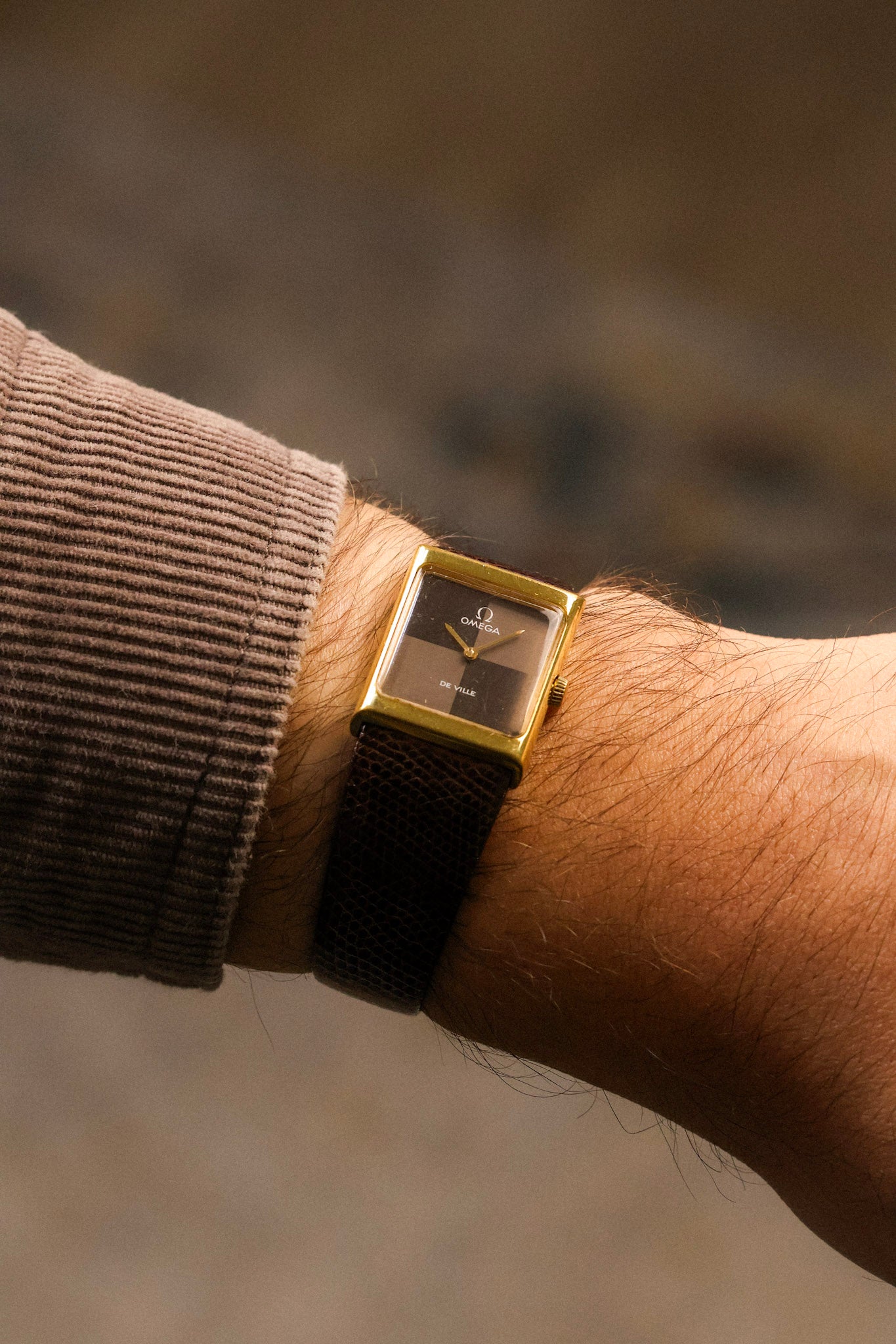 1970s Omega De Ville Gold Plated Chocolate Quadrant Tank