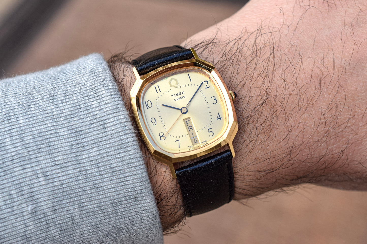 Vintage Q Timex Quartz Day-Date with Hexagonal Case