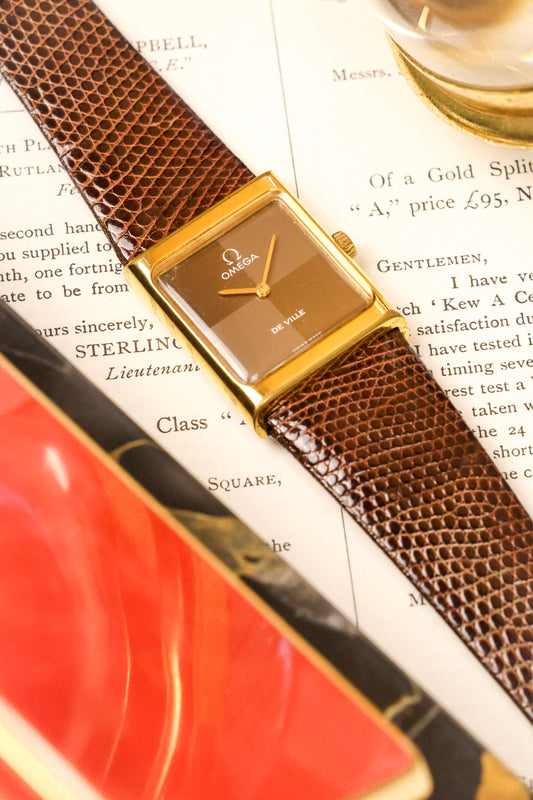 1970s Omega De Ville Gold Plated Chocolate Quadrant Tank