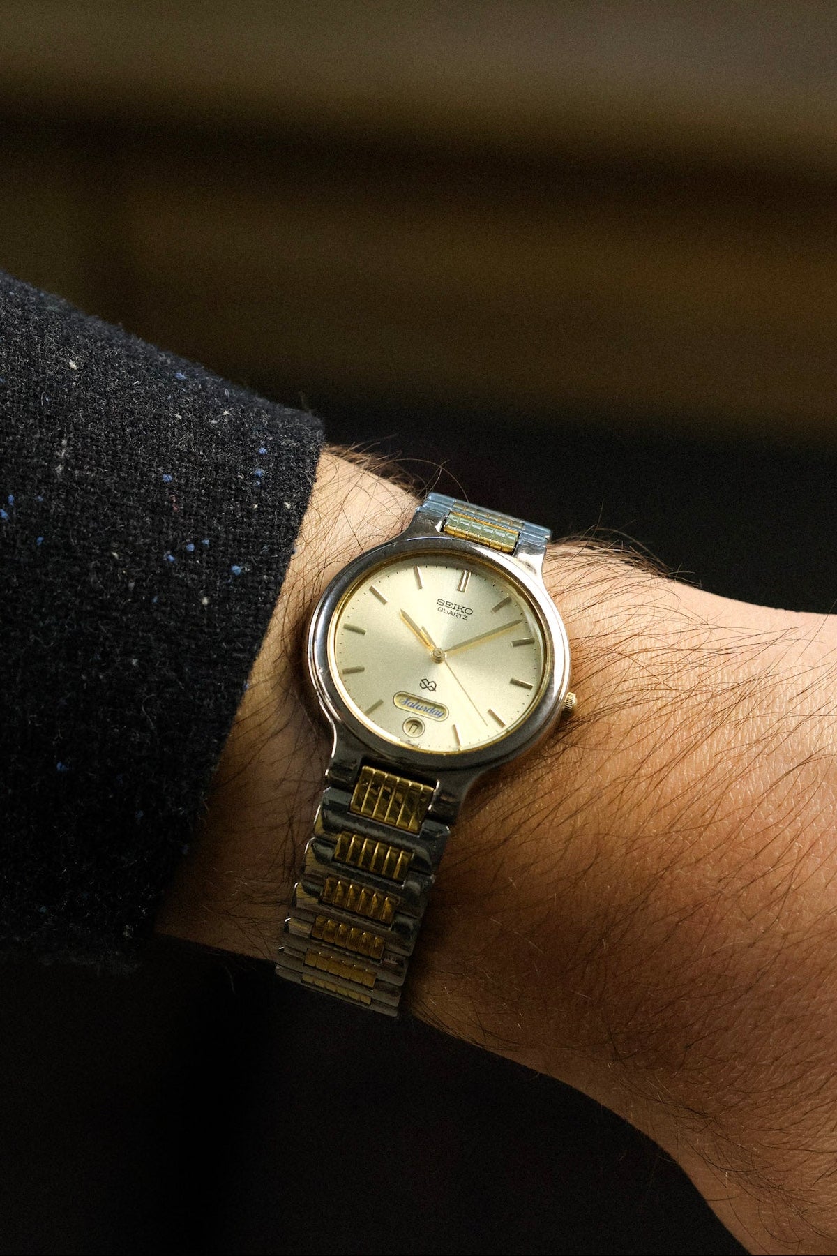 1990 Seiko SQ Champagne Script Font Day-Date