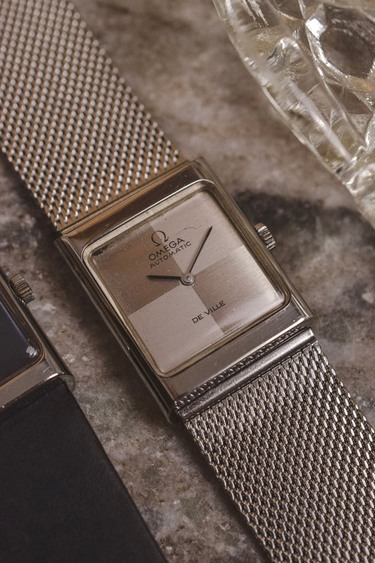 1970s Omega De Ville Steel Silver Quadrant Tank