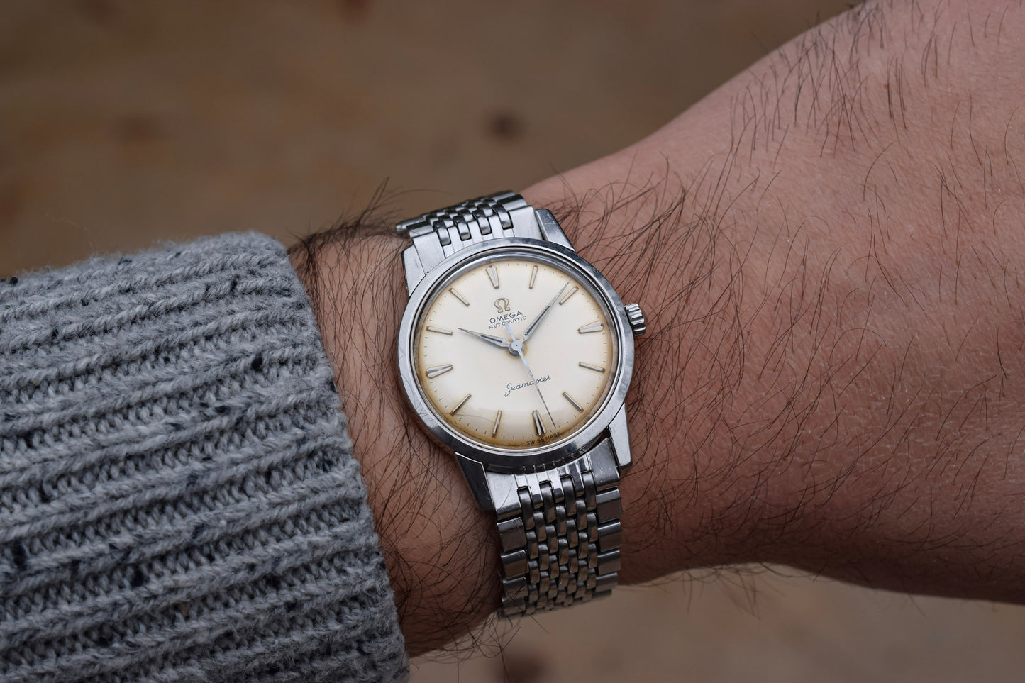 Omega Seamaster Automatic Date 1968 with a beautiful beads of rice omega  bracelet Sunburst dial and BOX, EXTRA LINKS - myWatchMart